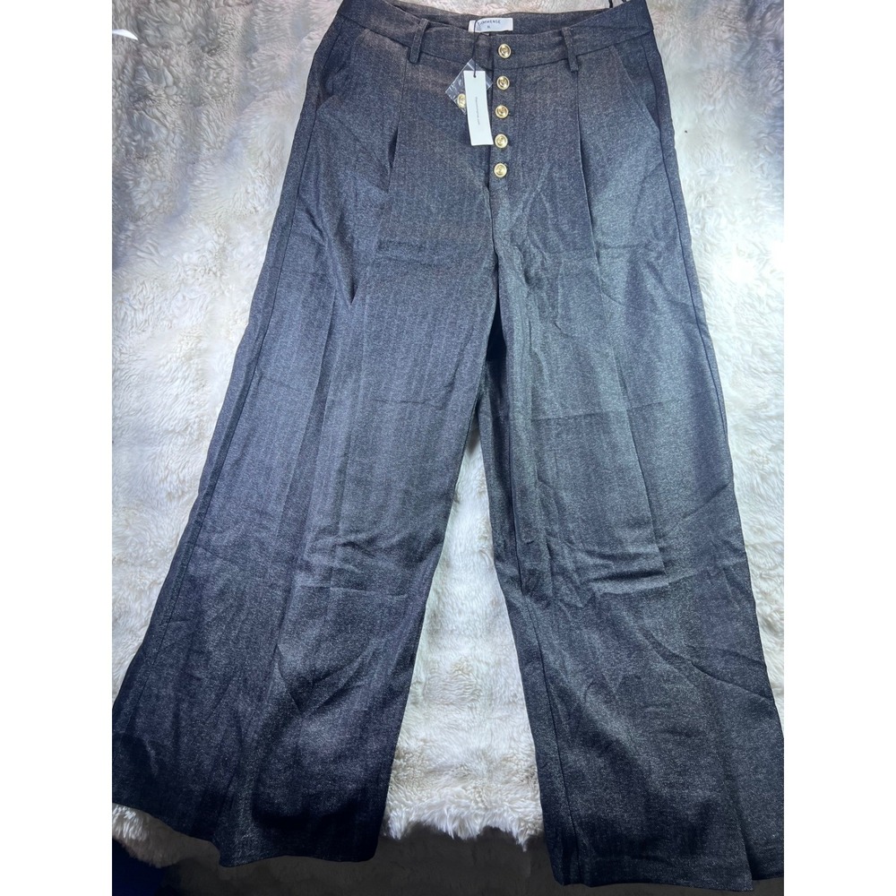 Commense Grey Herringbone Wide Leg Trousers Gold Button Fly XL New. A28